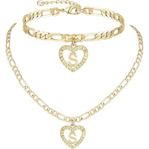 Gold Initial Pendant Necklace Anklet Bracelet for Women 14K Gold Plated Figaro - Picture 8 of 8